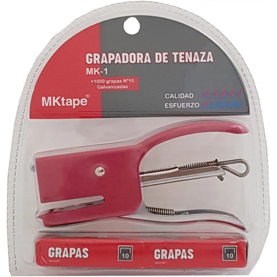 MKtape MK1 Pack de Grapadora de Tenaza Mini + 1000 Grapas Nº 10 - Hasta 12 Hojas - Color Rojo