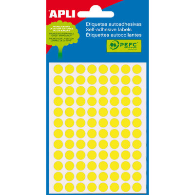 Apli Minibolsa de 288 Etiquetas Redondas Ø 8mm - 3 Hojas por 96 Etiquetas - Adhesivo Permanente - Color Amarillo Fluor