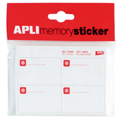 Apli Memory Sticker Pack de 140 Etiquetas Especial para Congelar 50x30mm - 35 Hojas x 4 Etiquetas - Cantos Romos - Adhesivo Removible Resistente hasta -40º - Color Blanco