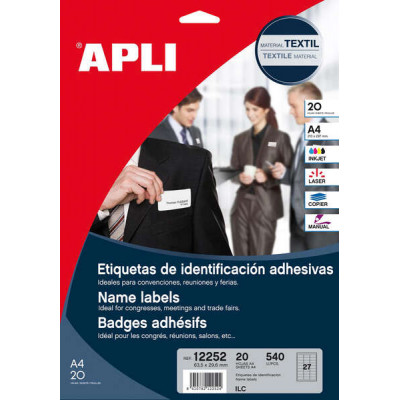 Apli Etiquetas Textiles de Identificacion Adhesivas con Cantos Romos - Tamaño 63.5 x 29.6mm - Adhesivo Removible - Pack de 20 Hojas con 540 Etiquetas - Compatible con Impresoras Inkjet, Laser O Fotoco