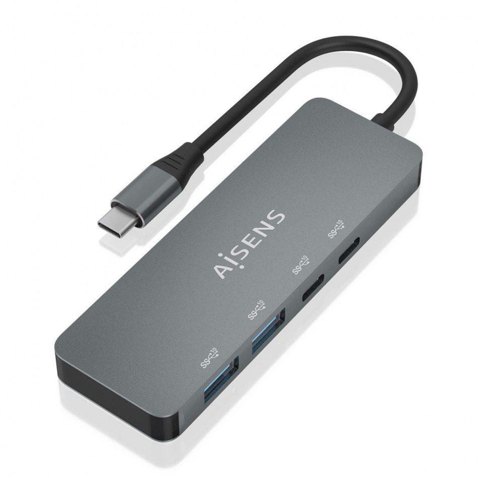 AISENS - Hub USB 3.2 Gen2 10G USB-C, USB-C/M-2xUSB-C/H-2xUSB-A/H, Gris, 15cm