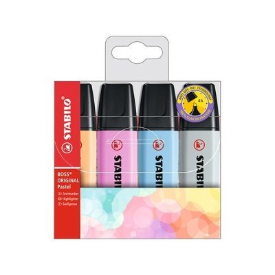 STABILO Marcador fluorescente Boss Pastel - Punta biselada - Trazo 2 mm y 5 mm - Colores surtidos - Pack 4 ud