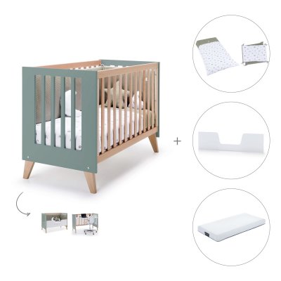 Cuna-cama (3en1) 60x120 cm madera/eucalipto + colchón + textil Espuma do mar · Nexor