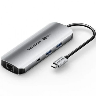 Docking USB Tipo-C Vention TQMHB/ 1xHDMI 4K/ 2xUSB/ 1xUSB Tipo-C/ 1xJack 3.5mm / 1xRJ45/ 1xUSB Tipo-C PD/ 1xLector Tarjetas/ Gris
