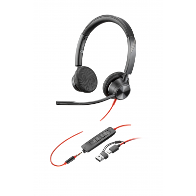 HP Poly - Auriculares estéreo Poly Blackwire 3325 USB-C + Conector de 3,5 mm + Adaptador USB-C/A
