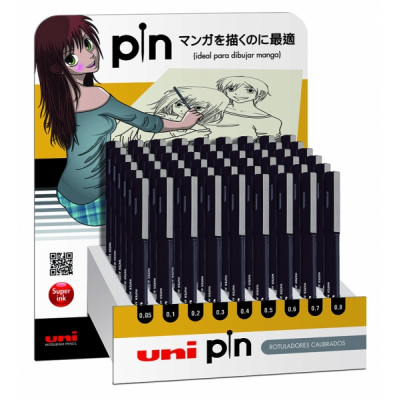 Uni-ball PIN Expositor de 54 Rotuladores Calibrados - Punta Poliacetal - Tinta Pigmentada Resistente al Agua y Luz - Color Surtido