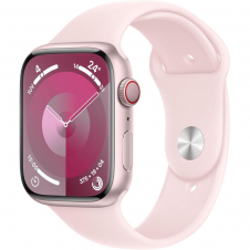 apple watch series 9 gps + cellular caja de aluminio rosa de 41mm, color de correa rosa claro correa deportiva talla s/m