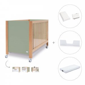 Cuna-cama-sofá madera/verde-oliva (4en1) 60x120 cm + colchón + textil Taiga · Ombra