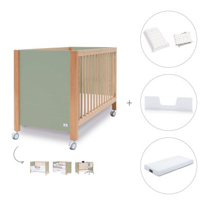 Cuna-cama-sofá madera/verde-oliva (4en1) 60x120 cm + colchón + textil Taiga · Ombra