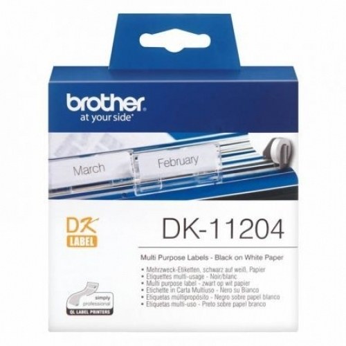 Brother DK11204 - Etiquetas Originales Precortadas Multiproposito - 17x54 mm - 400 Unidades - Texto negro sobre fondo blanco