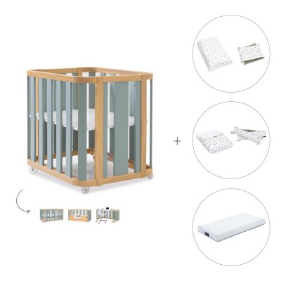 Minicuna-cuna (4en1) madera/verde + colchón + textil Natura · Crea Plus Tre Eucalyptus