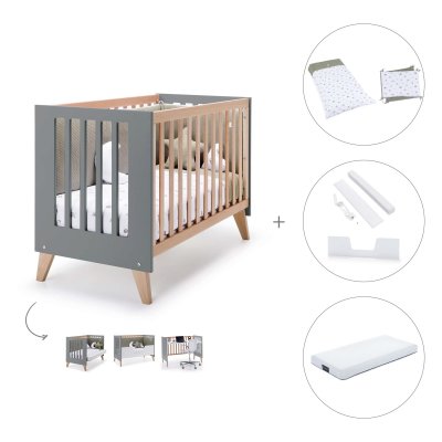 Cuna-cama colecho (4en1) 60x120 cm madera/antracita + colchón + textil Espuma do mar · Nexor