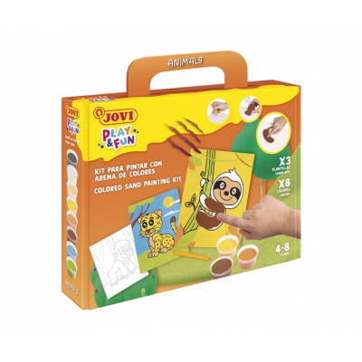 Jovi Play & Fun Kit Pinta con Arena Animals con 8 Botes de Arena + 1 Punzon + 3 Laminas con Diseños de Animales Terrestres - Colores Surtidos
