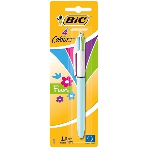 Bic 4 Colours Fun Boligrafo de Bola Retractil - Punta Media de 1.0mm - Tinta con Base de Aceite - Tinta de Colores: Rosa, Morado, Turquesa y Verde Lima