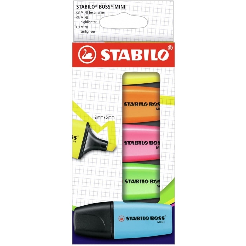 Stabilo Boss Mini Pack de 5 Marcadores Fluorescentes - Trazo entre 2 y 5mm - Tinta con Base de Agua - Antisecado - Colores Surtidos