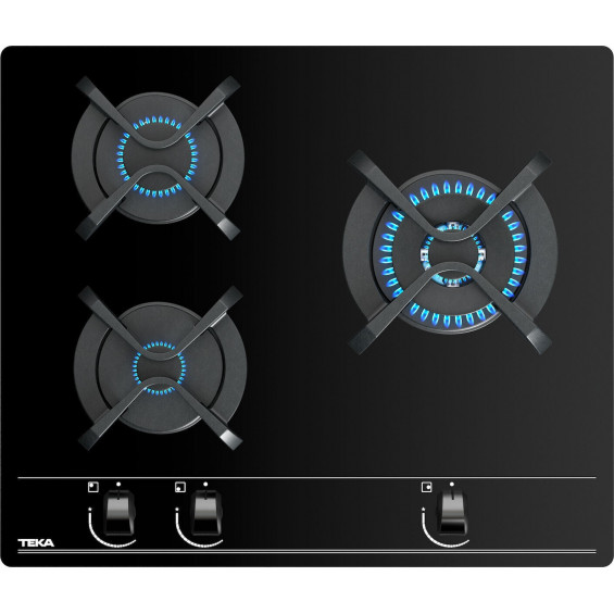 Placa de gas natural Teka GBC 63010 KBN, 3 zonas, Cristal Gas, 6250W, vidrio templado, ref. 112580002, cristal negro