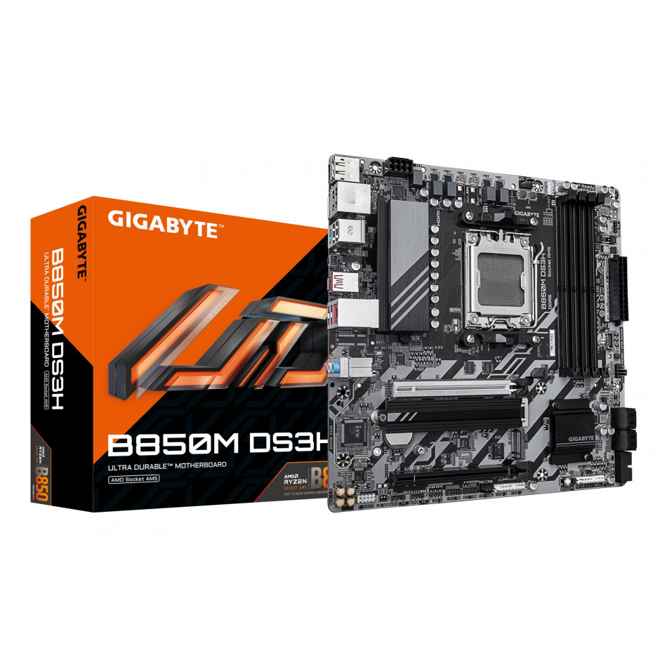 B850M DS3H Placa Base - Procesadores AMD Ryzen Serie 9000, 16+2+2 fases VRM digitales, hasta 8200MHz DDR5 (OC), 1xPCIe 5.0 + 1xPCIe 4.0 M.2, LAN 2.5, USB 3.2 Gen 2