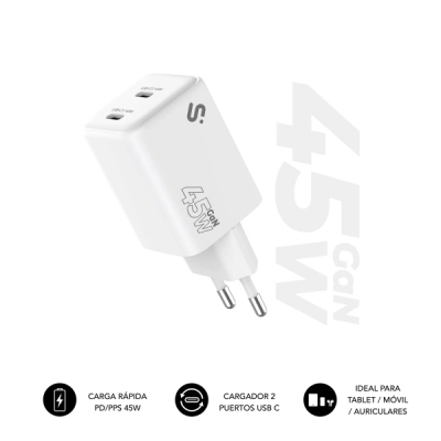 Subblim Cargador de Pared GaN 45W - 2xUSB-C - Carga Ultra rápida - Color Blanco