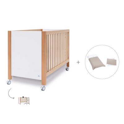 Cuna-escritorio madera/blanco (2en1) 60x120 cm + textil Arena · Ombra