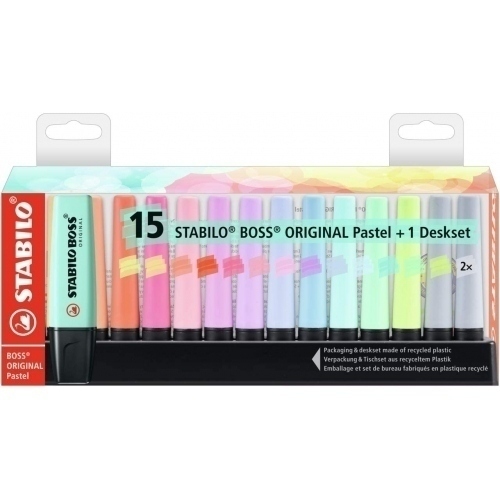 Stabilo Boss 70 Pastel Pack de 15 Marcadores Fluorescentes - Trazo entre 2 y 5mm - Recargable - Tinta con Base de Agua - Colores Surtidos