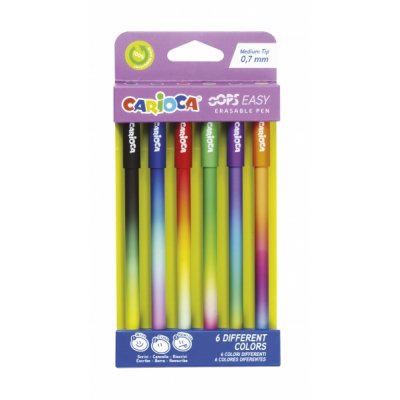 Carioca Oops Easy Pack de 6 Boligrafos Borrables con Punta de Ø 0.7mm - Tinta Termo Sensible - Cuerpo con Efecto Degradado de Colores Surtidos - Doble Goma - Colores Surtidos