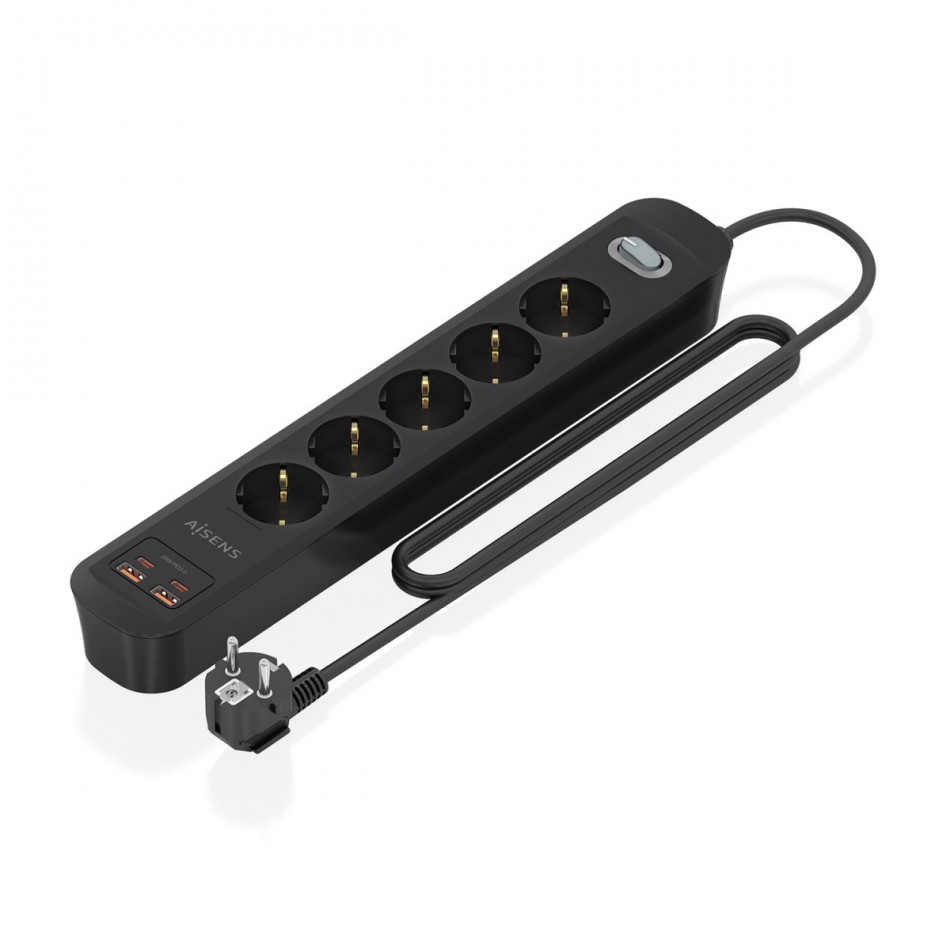 AISENS - REGLETA DE ENCHUFES MULTIFUNCION CON 5 TOMAS + CARGADOR PD3.0 20W 2xUSB-C, 2xUSB-A, 1.4M, NEGRO