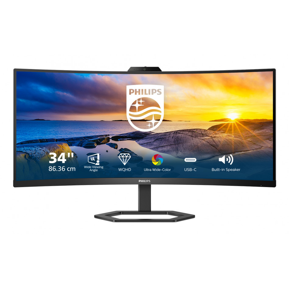 Monitor Profesional Ultrapanorámico Curvo Philips 34E1C5600HE 34"/ WQHD/ Webcam/ Multimedia/ Regulable en altura/ Negro