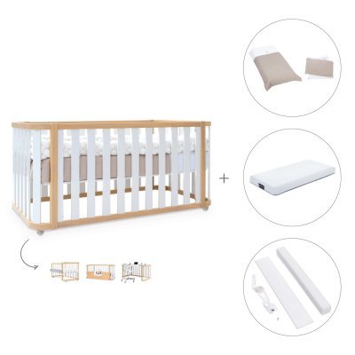 Cuna-cama colecho 70x140 cm madera/blanca (4en1) + colchón + textil Arena · Crea Plus Due Life