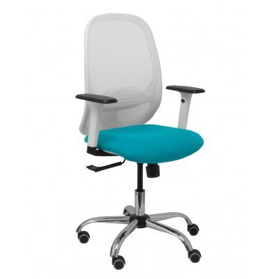 Silla Cilanco blanca malla blanca asiento bali turquesa brazo regulable base cromada ruedas parqué