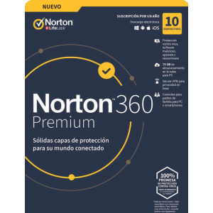 Antivirus Norton 360 Premium, 10 dispositivos, 1 usuario, 75GB, Windows, Mac iOS, Android