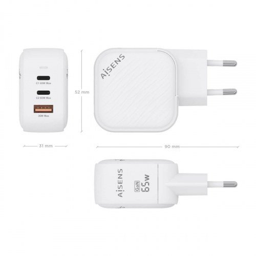 Aisens - Cargador Gan 65W, 2Xusb-C Pd3.0 Qc4.0, 1Xusb-A Qc3.0, Blanco