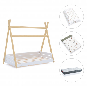 Cama júnior Montessori madera 90x200 cm + colchón + textil Natura · Homy Life XL