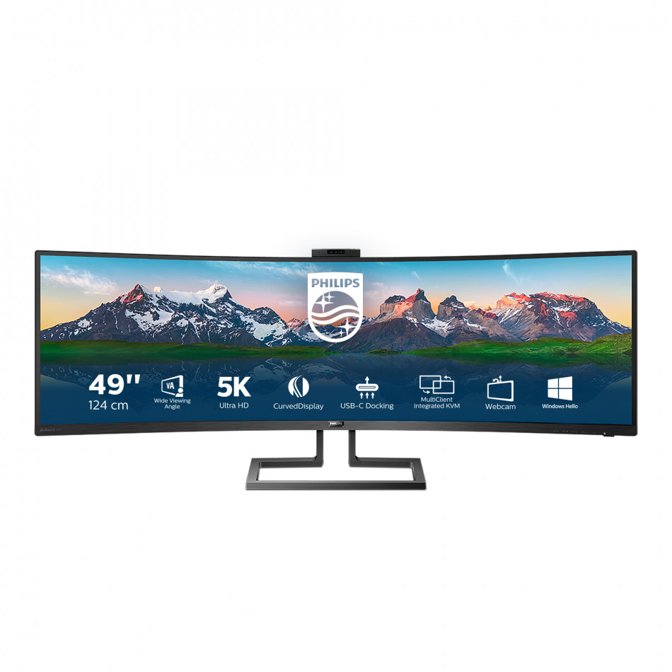 Monitor Profesional Ultrapanorámico Curvo Philips 499P9H 48.8"/ Dual QHD/ Webcam/ Multimedia/ Regulable en altura/ Negro