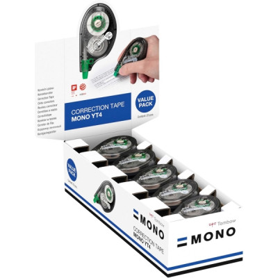 Tombow Mono YT Expositor con 20 Cintas Correctoras - 4.2mm x 10m - PET Resistente al Desgarro - Secado Inmediato - Color Transparente
