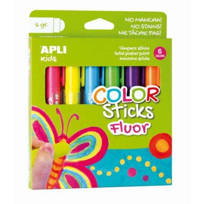 Apli Color Sticks Temperas Solidas Fluorescentes - Pack 6 Unidades de 6g - Acabado Satinado sin Necesidad de Barniz - Secado Rapido en Menos de 3 Minutos - Efecto Cera o Tempera Segun la Presion