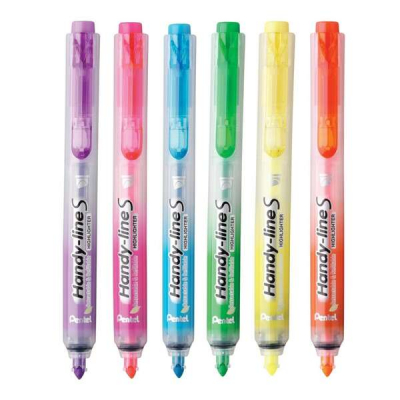 Pentel Handy Line S Pack de 6 Marcadores Fluorescentes Retractiles - Tinta Liquida - Trazo de 1.6 a 3mm - Formato Fino con Clip - Colores Amarillo, Naranja, Fucsia, Violeta, Verde y Azul