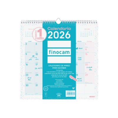 Finocam Chic Calendario de Pared - Anual 2026 - 300x5x310mm - Espacio para Escribir - Color Turquesa