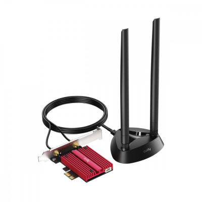 Cudy Adaptador de Red PCIe Tribanda WiFi 7 BE9300 - Bluetooth 5.4 - Disipador Termico - Base de Antena Magnet - Color Negro/Rojo