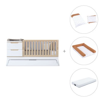 Cuna convertible blanco/madera 70x140 cm con cajón inferior + colchón + textil Ariake · Zen K460