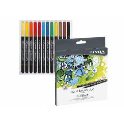 Lyra Aqua Brush Duo Pack 12 Rotuladores de Doble Punta - Punta Pincel 4mm, Punta Fina 2mm - Tinta Base de Agua - Colores Surtidos