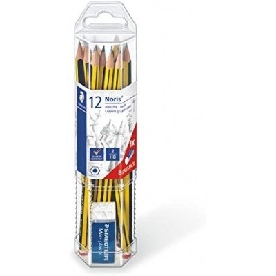 Staedtler Noris 120 Pack de 12 Lapices de Grafito Hexagonales + Goma de Borrar - Mina HB Ultrarresistente de 2mm - Madera de Bosques Sostenibles