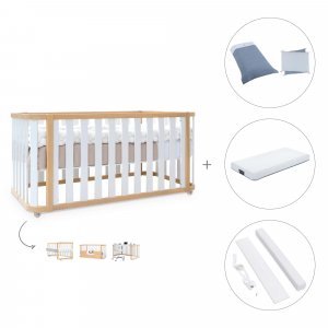 Cuna-cama colecho 70x140 cm madera/blanca (4en1) + colchón + textil Alba Blu · Crea Plus Due Life