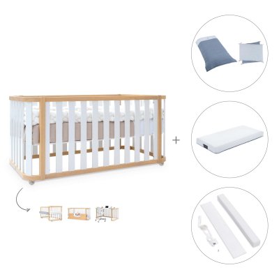 Cuna-cama colecho 70x140 cm madera/blanca (4en1) + colchón + textil Alba Blu · Crea Plus Due Life