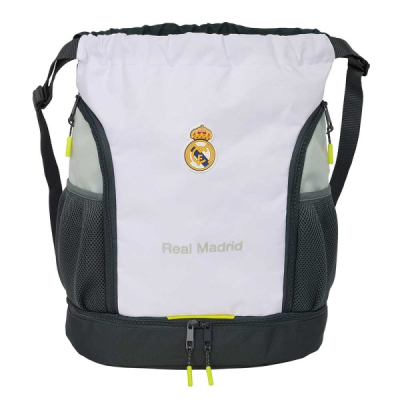 Safta Real Madrid Saco Mochila de 21.93L - Portabotellas - Hombreras Ajustables - Bolsillos con Cremallera - 35x40x1cm - Color Blanco y Negro