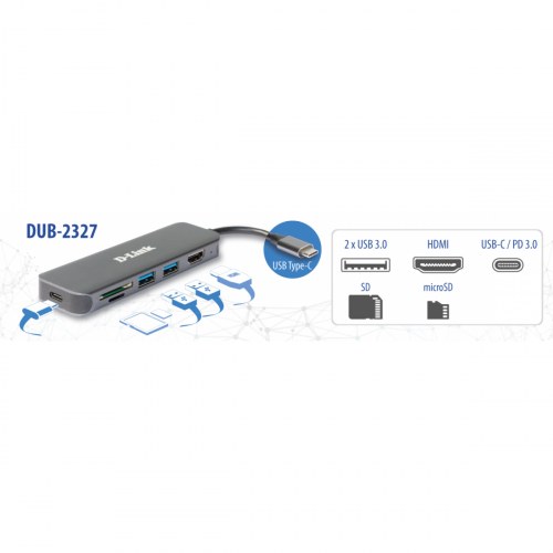 D-link DUB-2327Hub USB-C 6 en 1 con HDMI/lector de tarjetas SD/micro SD/2 puertos USB 3.0/Carga (60W)