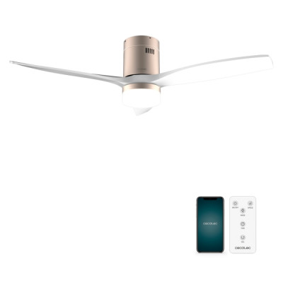 Cecotec EnergySilence Aero 5600 Aqua GoldWhite Connected Ventilador de Techo con 3 Aspas y Luz - 40W - Diametro de 52 - LED de 20W - Wi-Fi - IP44 - Temporizador - Modo Invierno - Color Blanco