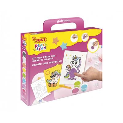 Jovi Play & Fun Kit Pinta con Arena Unicorns con 8 Botes de Arena + 1 Punzon + 3 Laminas con Diseños de Unicornios - Colores Surtidos