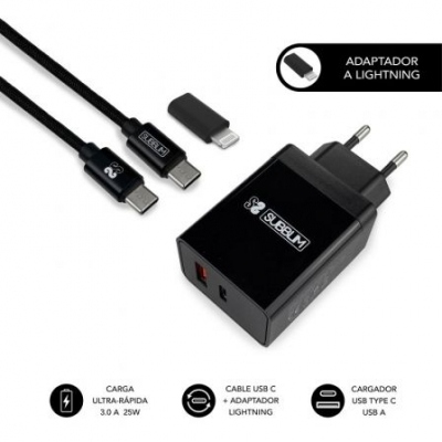 Cargador de Pared Subblim SUBCHG-3WPD11/ 1xUSB Tipo-C/ 1xUSB/ Cable USB Tipo-C + Adaptador Lightning/ 25W/ Negro