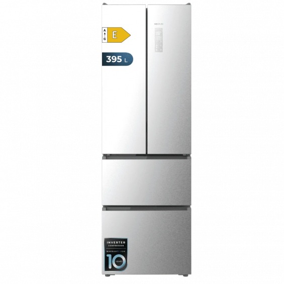 Frigorífico combi Cecotec F2D 395 Inox E, 185 x 59.5 x 68 cm, Total No Frost, clase E, 39 dB, 395 litros, Fresh Flex, puerta francesa, inox
