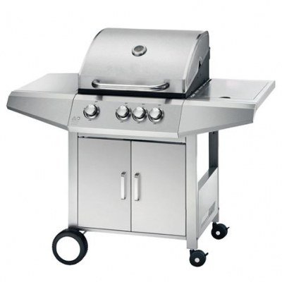 Muvip Barbacoa Gas Inox 4 Fuegos - Estructura de Acero Inoxidable - 3 Fuegos Centrales + 1 Fuego Lateral - 2 Rejillas Esmaltadas - Bandeja Lateral - Asa Tacto Frio - Ruedas de Transporte - Color Plate